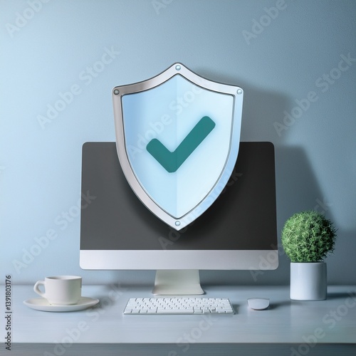 A digital security concept featuring a shield with a checkmark, displayed on a computer monitor alongside a cup and a plant, symbolizing protection and reliability.