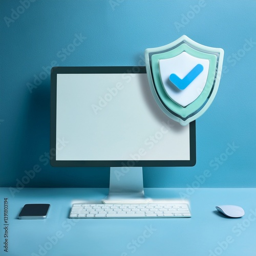 A modern computer setup featuring a monitor, keyboard, and mouse, complemented by a shield icon symbolizing cybersecurity and protection.