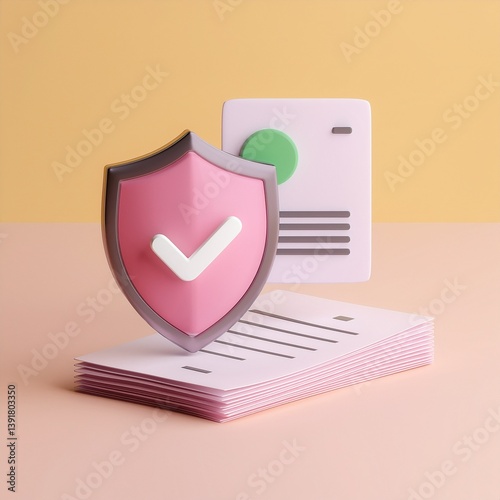 A colorful graphic representation of a shield with a check mark, symbolizing security, alongside a document on a pastel background.