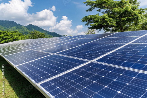 Solar panels occupy a vast green field under a bright sky in a renewable energy landscape