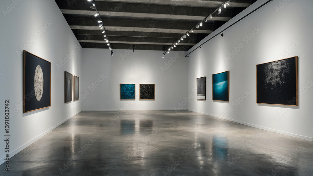 Sleek and modern art gallery space showcasing diverse contemporary artwork Sleek and modern art gallery space showcasing diverse contemporary artwork