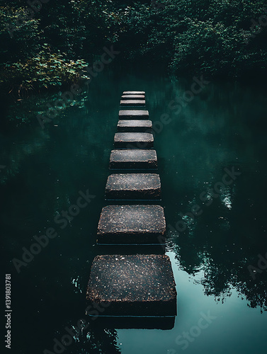 Stone path across calm dark water leads towards lush greenery creating a tranquil and mysterious landscape.