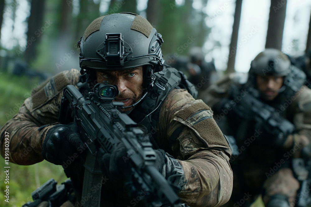 Soldiers conduct patrol through dense forest in tactical formation during a military exercise Soldiers conduct patrol through dense forest in tactical formation during a military exercise