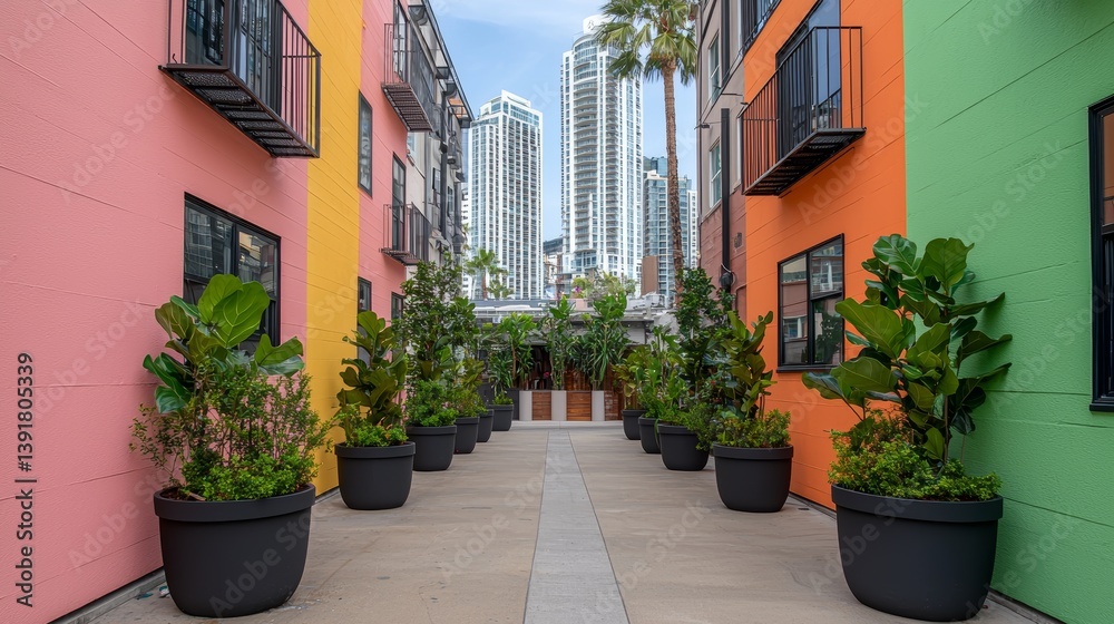 Fototapeta premium Colorful Urban Art District Pathway Surrounded by Lush Greenery and High-Rise Buildings