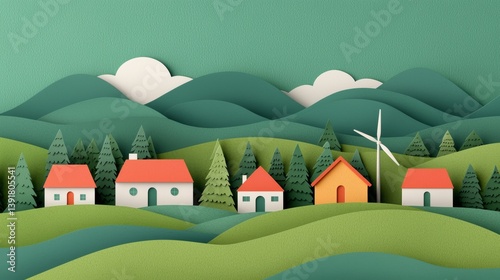 Sustainable Green City Collage with Paper Cutout Homes and Wind Turbine Landscape