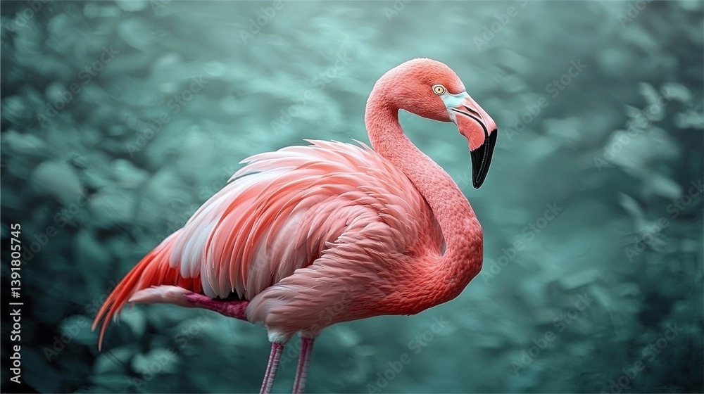 Fototapeta premium Pink flamingo in teal-toned background
