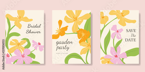 Modern floral card background vector. Minimal hand drawn botanical flowers template background. Design illustration for wedding, vip cover, poster, rsvp modern card, birthday party.
