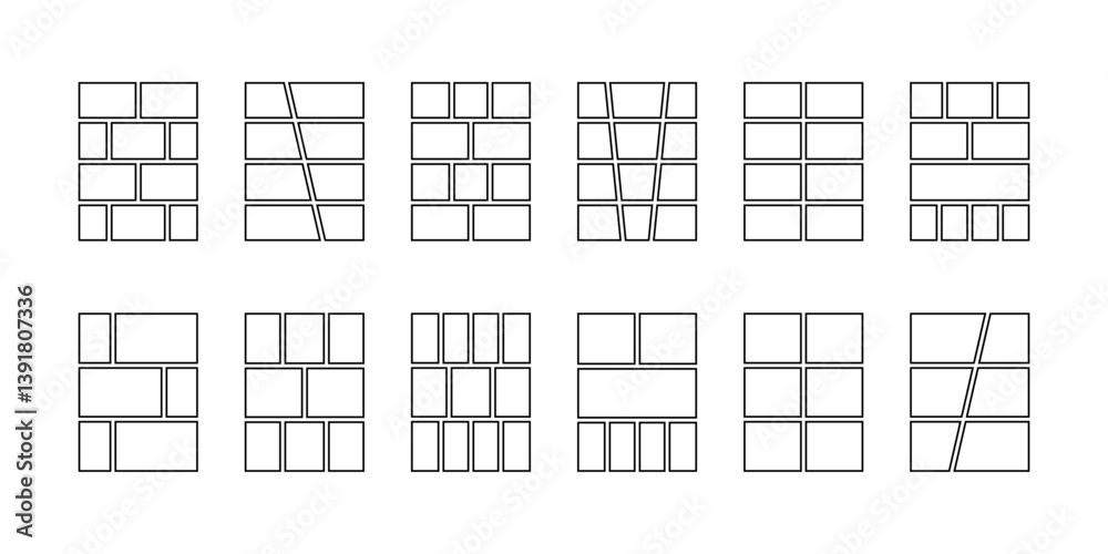 Fototapeta premium Set of empty comic book templates. Anime page panels isolated on white background. Layouts for manga storyboards, photo collages, magazines, posters or sketchbooks. Vector graphic illustration.