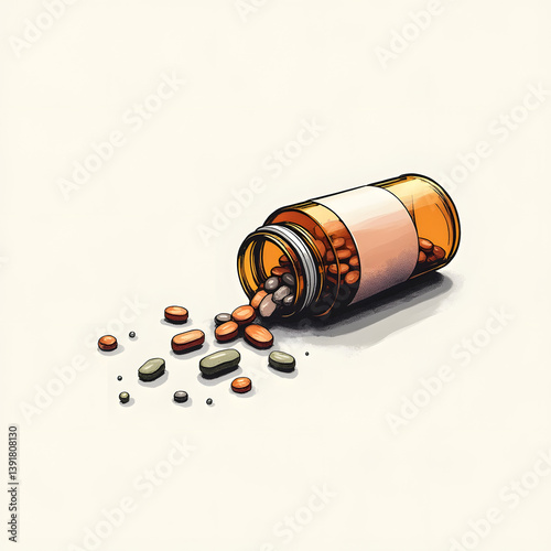 Fantasy ink wash logo with a fallen medicine jar releasing tiny orbiting worlds in surreal design