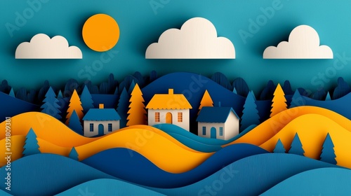 Artistic Paper Craft of Organic Farm Landscape with Colorful Hills and Clouds