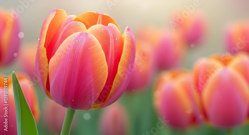 AI image showing a red and yellow tulip with water droplets. Floral portrait with soft background.