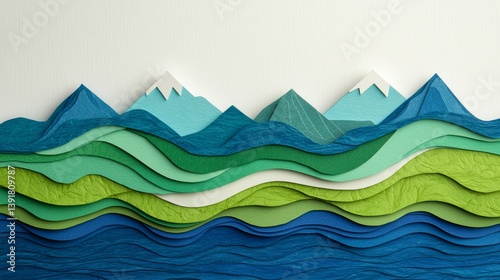 Vibrant Paper Art Landscape Depicting Earth with Green Mountains and Blue Waves