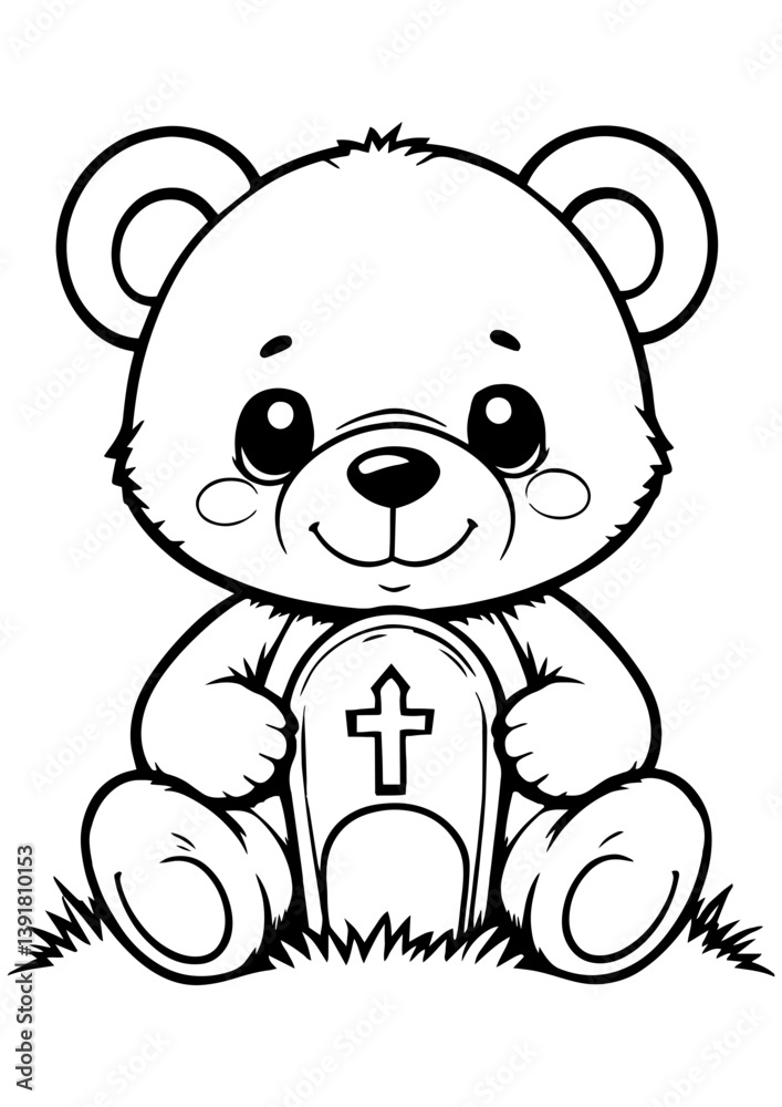Obraz premium Black and white vector of a teddy bear with a grave cross. Ideal for engraving, memorial prints, children's tribute art, and emotional design projects.