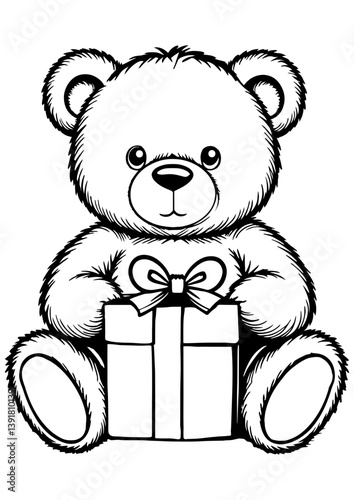 Black and white vector illustration of a teddy bear holding a gift box. Great for engraving, laser cutting, prints, and festive design projects.