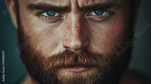 Close up portrait of a man with a beard and intense blue eyes staring directly at the viewer intently photo