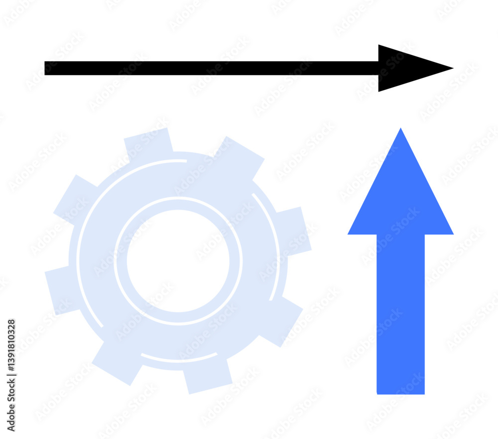 Gear for process, black arrow for direction, blue upward arrow for growth. Ideal for innovation, teamwork, development, problem-solving, productivity, strategic vision flat simple metaphor Gear for process, black arrow for direction, blue upward arrow for growth. Ideal for innovation, teamwork, development, problem-solving, productivity, strategic vision flat simple metaphor
