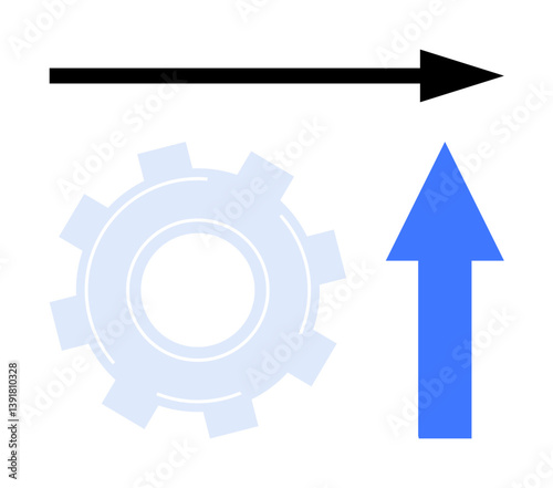 Gear for process, black arrow for direction, blue upward arrow for growth. Ideal for innovation, teamwork, development, problem-solving, productivity, strategic vision flat simple metaphor