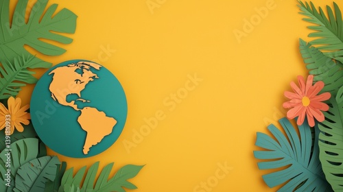 Colorful Paper Cut Style Globe with Layered Tropical Leaves and Flowers on Yellow Background