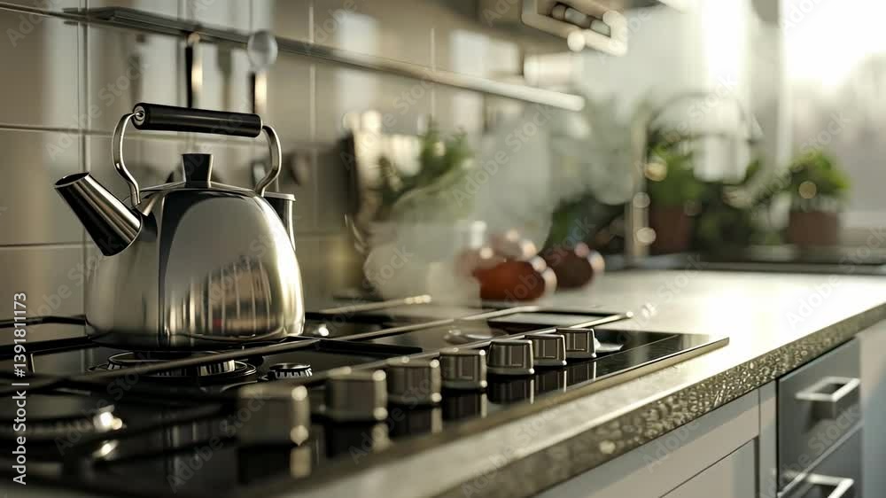 the kettle is boiling on the stove. Selective focus the kettle is boiling on the stove. Selective focus