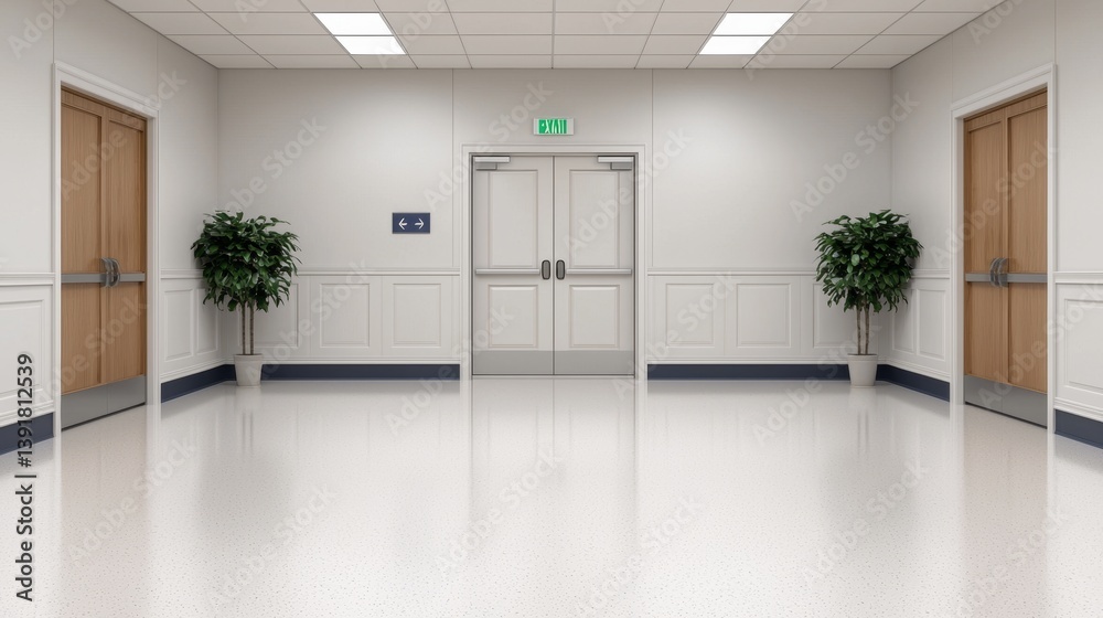 Fototapeta premium Modern Hallway with Wooden Doors and Green Plants in a Bright Environment