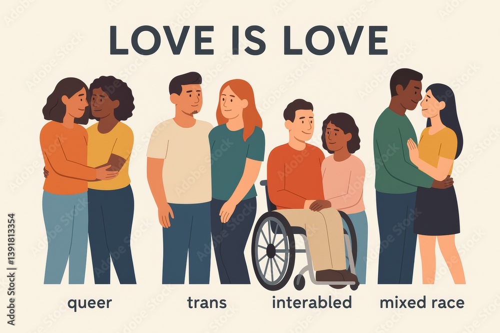 Love Is Love Illustration with Diverse Couples Celebrating Inclusivity Love Is Love Illustration with Diverse Couples Celebrating Inclusivity