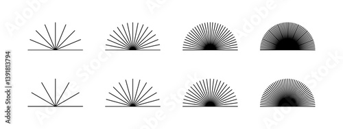 Straight radial lines in semicircle shapes. Set of sun rays icons isolated on white background. Sunburst, sunrice or sunset signs. Radiance, explosion or firework symbols. Vector graphic illustration.