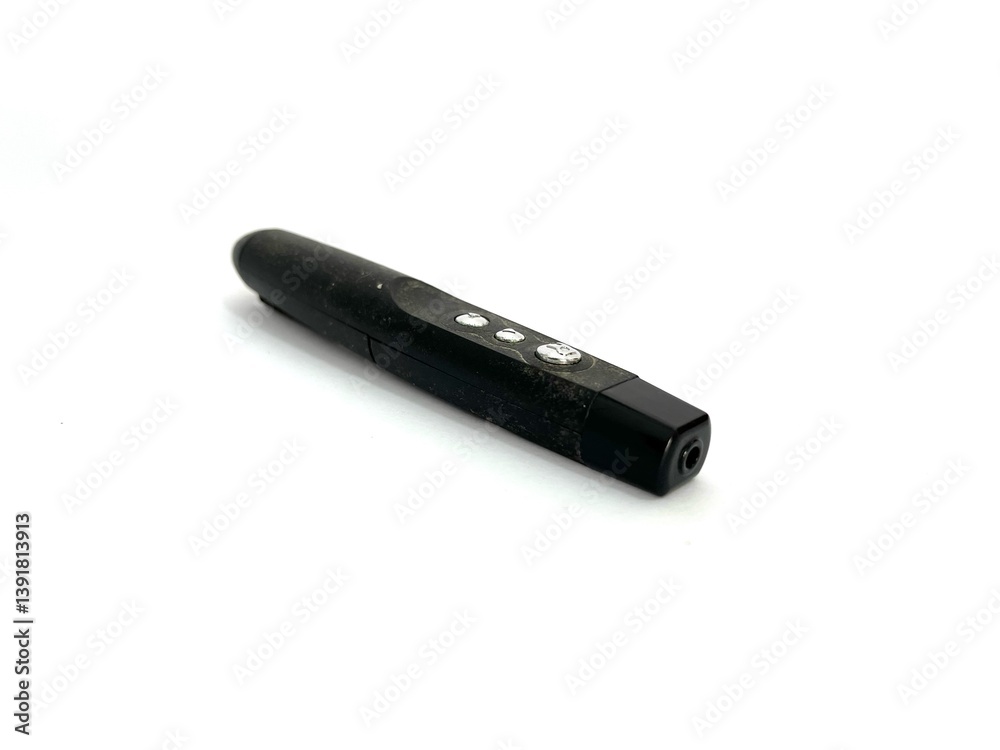 Wireless presentation remote laser pointer with buttons and sleek design. Ideal for office use, teaching, or business meetings. Compact and easy to carry. Isolated on white background Wireless presentation remote laser pointer with buttons and sleek design. Ideal for office use, teaching, or business meetings. Compact and easy to carry. Isolated on white background