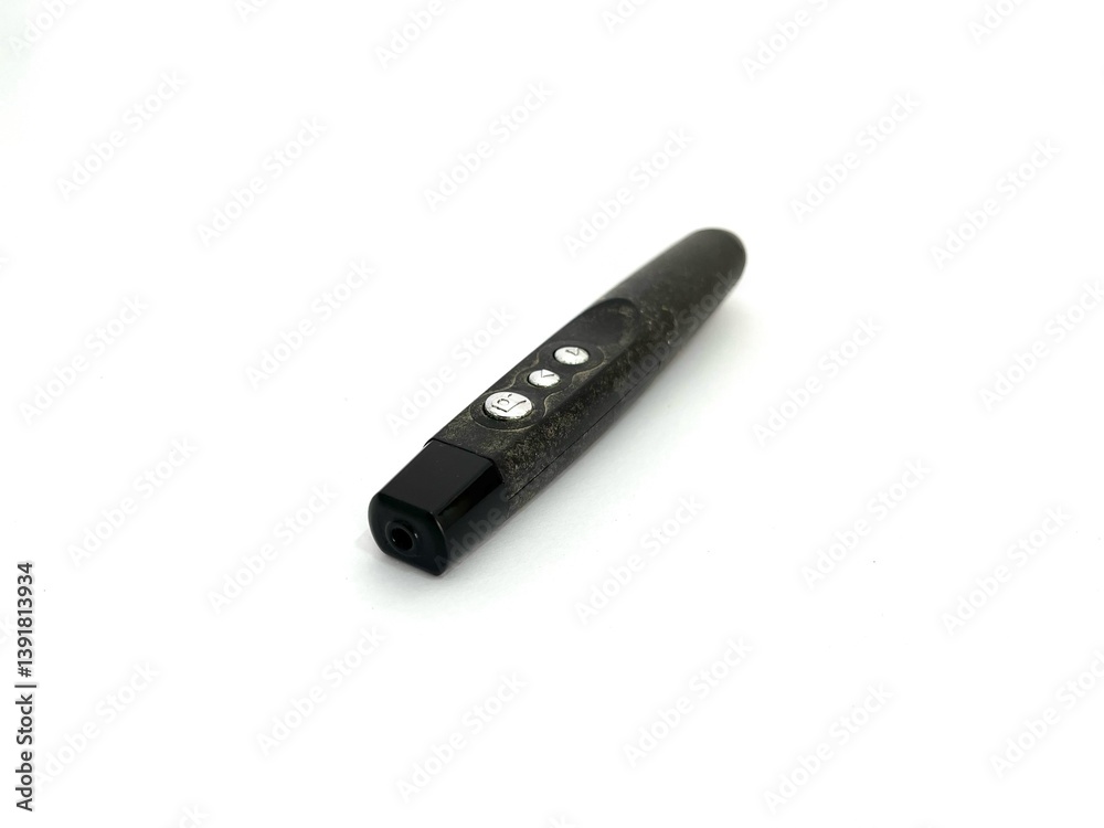 Wireless presentation remote laser pointer with buttons and sleek design. Ideal for office use, teaching, or business meetings. Compact and easy to carry. Isolated on white background Wireless presentation remote laser pointer with buttons and sleek design. Ideal for office use, teaching, or business meetings. Compact and easy to carry. Isolated on white background
