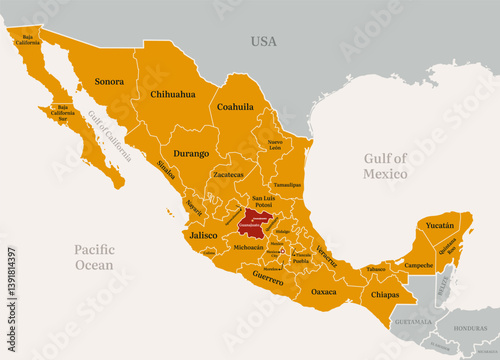 Mexico political map highlighted at Guanajuanto state