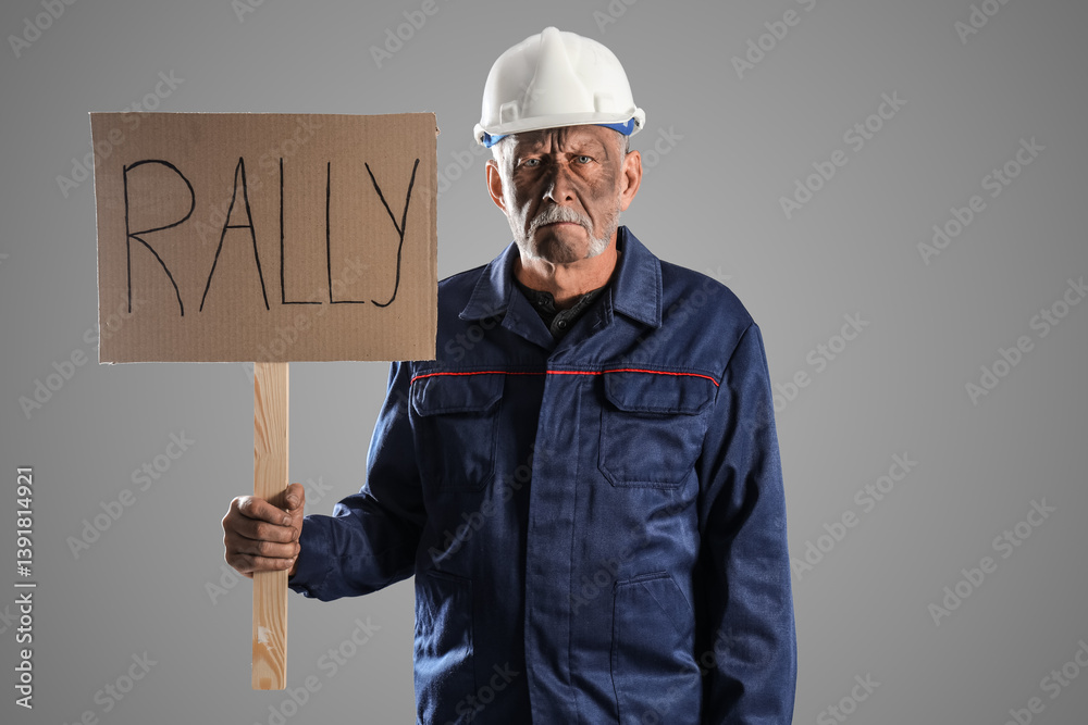 Protesting miner man with placard on grey background Protesting miner man with placard on grey background