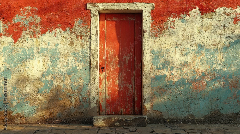 Naklejka premium Red door on weathered wall