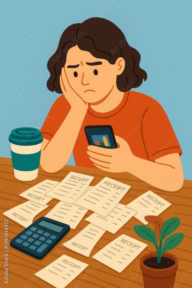 Stressed Woman Reviewing Bills and Receipts with Calculator and Phone