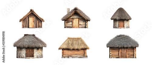 Pack of Log Cabin with a Thatched Roof set of Five Different Poses set Against Transparent Background for Architecture, Outdoor, or Rustic Promotion Projects photo