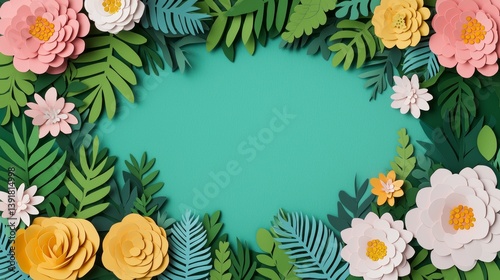 Colorful Paper Flowers and Leaves Surrounding Green Background in Artistic Arrangement