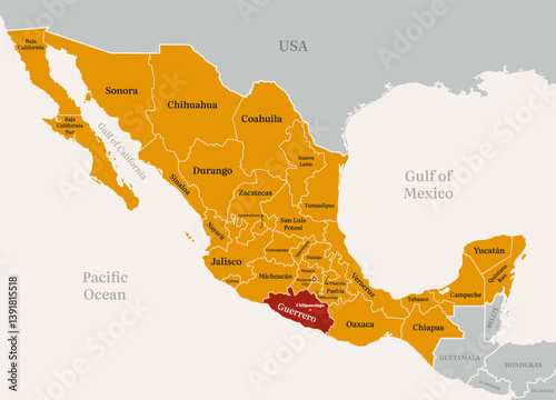 Mexico political map highlighted at Gurrero state