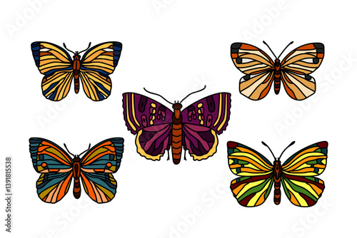 Botanical butterflies collection isolated on white background. Hand drawn colorful butterfly set vector illustration.Graphic design elements for Birthday Greeting Card Print Fashion Icon Symbol Poster