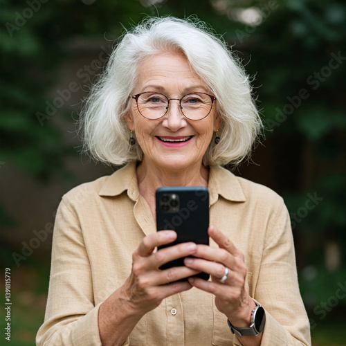 Smiling woman in glasses holding a cell phone and looking at the camera