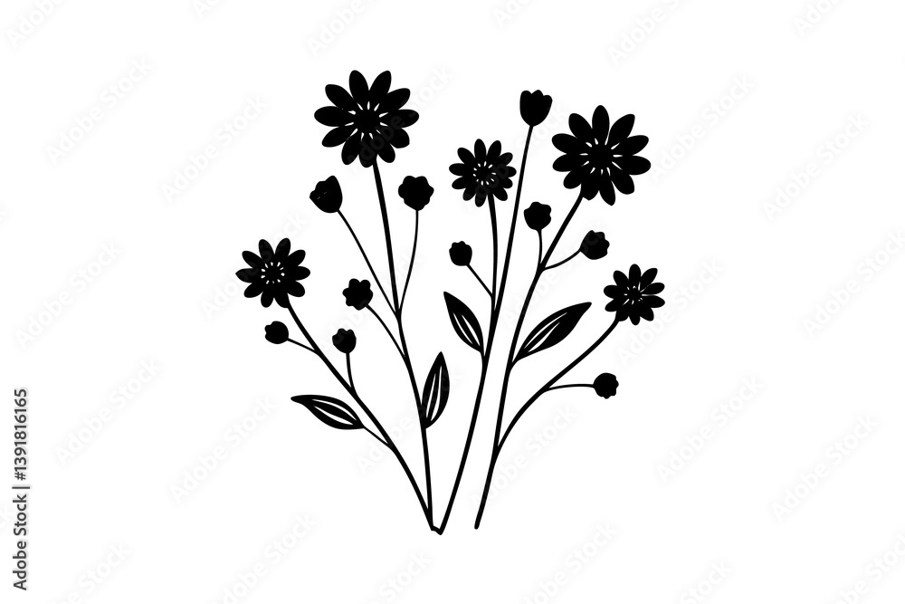 Naklejka premium Black Flower Field Silhouette Vector Clipart on White Background