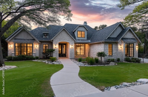 A stunning single-story home in the Texas Hill Country, with a stone exterior and wood accents, overlooking a large front yard with green grass, lit by warm lights at dusk