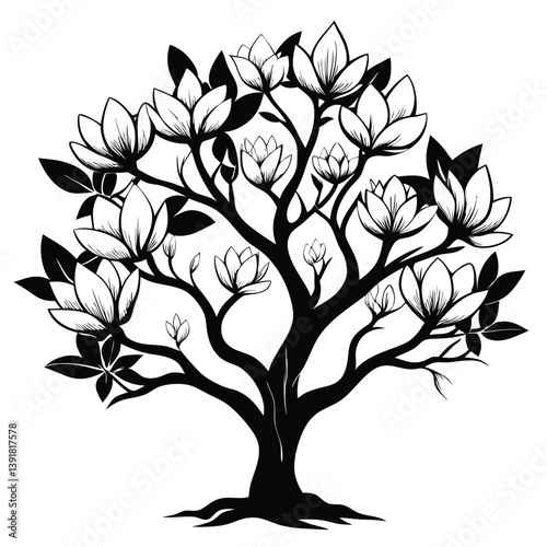 A stylized black and white illustration of a tree featuring large, blooming magnolia flowers and lush leaves. The branches elegantly extend outward, adorned with a variety of open and closed flowers
