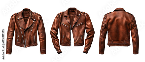 Pack of Leather Jacket set of Five Different Poses set Against Transparent Background for Fashion, Outerwear, or Style Promotion Projects photo