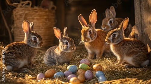 Wide Angle Shot of Multiple Bunnies and Easter Eggs Scattered Across Hay Filled Barn Made with Generative AI Technology