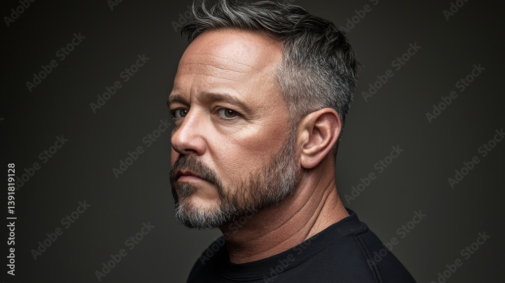 Fototapeta premium Intense portrait of a man studio photography dark lighting side view personal reflection