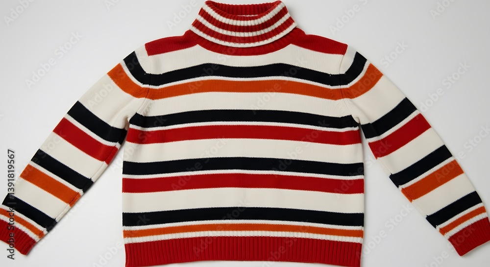 This showcases a striped turtleneck sweater with white, orange, black, and red bands on a clean, white background. This showcases a striped turtleneck sweater with white, orange, black, and red bands on a clean, white background.