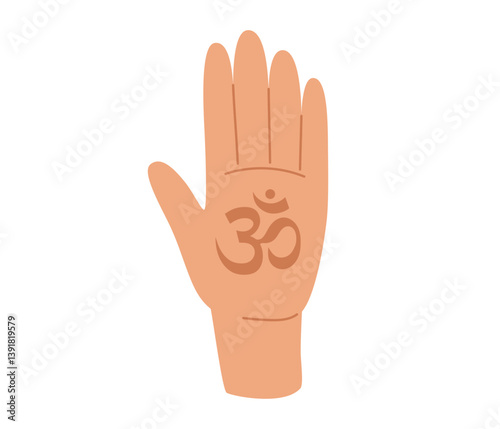 Om icon in palm of hand. Ancient mantra sign. Aum Indian sacred sound. Symbol of divine triad of Brahma, Vishnu and Shiva. Flat Vector illustration isolated on white background