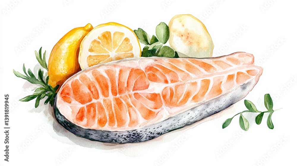 salmon steak with lemon clipart, seafood garnish, soft watercolor, isolated on white background salmon steak with lemon clipart, seafood garnish, soft watercolor, isolated on white background