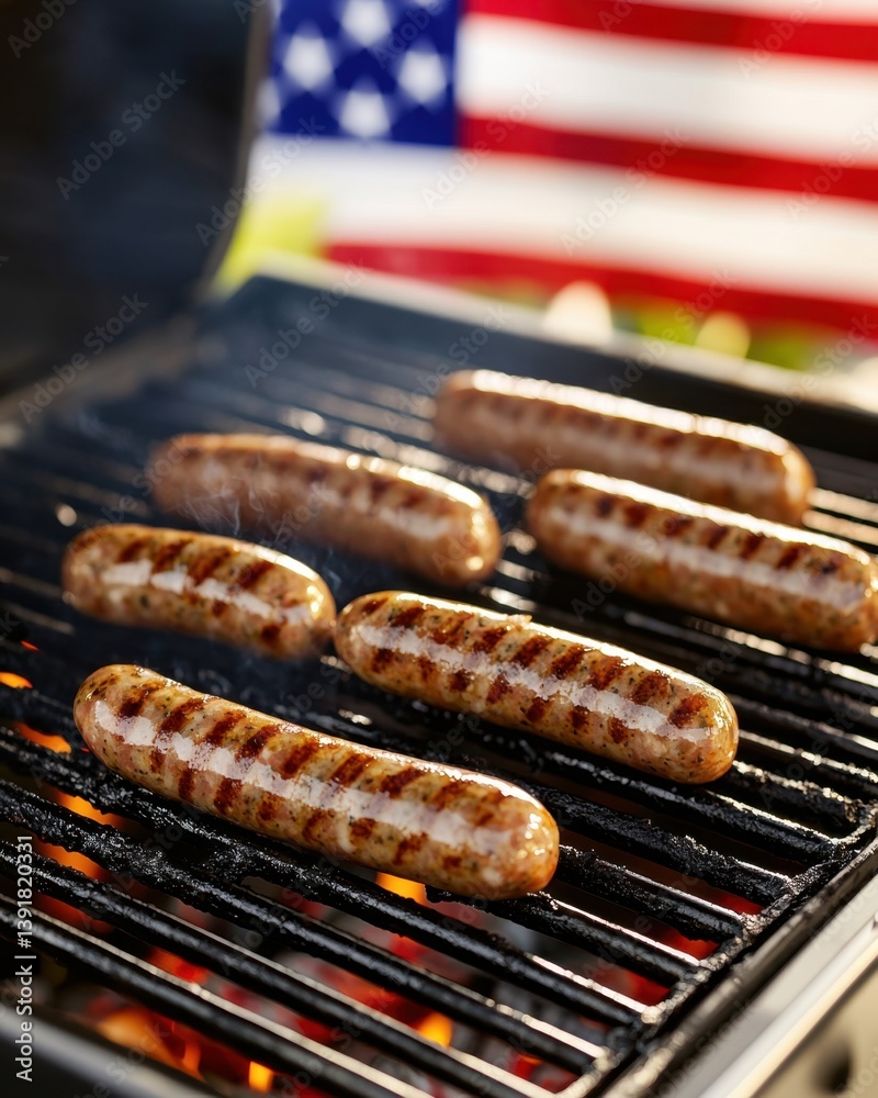 Fourth of July BBQ concept with patriotic grill party. Grilled sausages on barbecue with an American flag backdrop Fourth of July BBQ concept with patriotic grill party. Grilled sausages on barbecue with an American flag backdrop