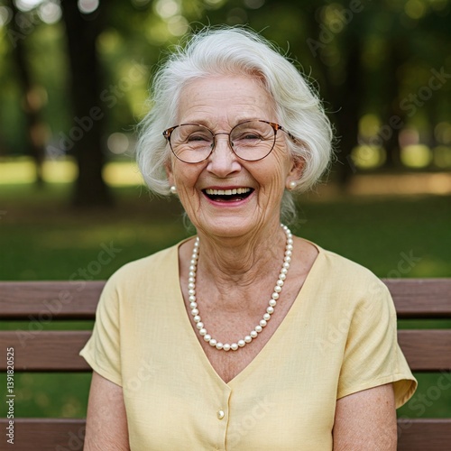 Smiling elderly woman with glasses and pearls sitting outside