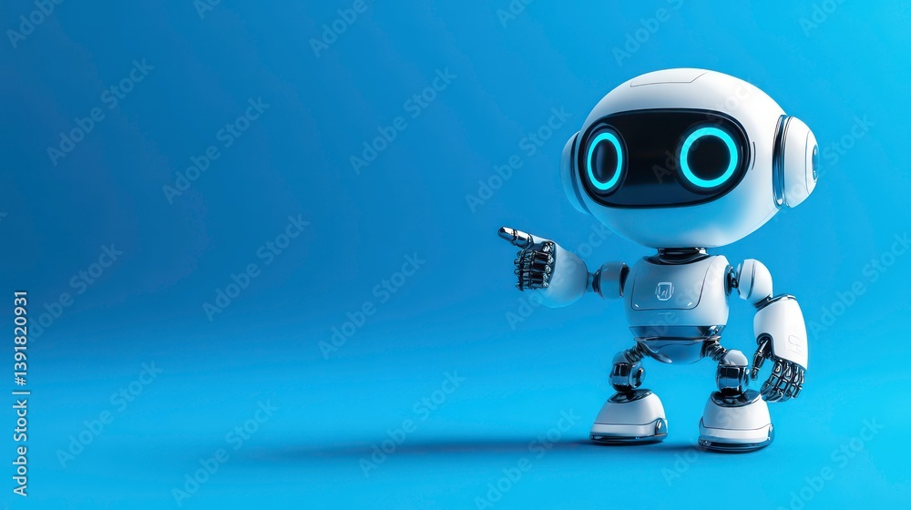 Cute mini robot points at empty space on blue background. Friendly character. Modern tech illustration. Adorable robot design. Perfect for tech concepts, futuristic themes, children products Cute mini robot points at empty space on blue background. Friendly character. Modern tech illustration. Adorable robot design. Perfect for tech concepts, futuristic themes, children products