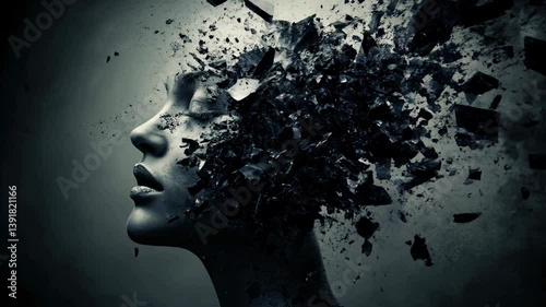 A dramatic scene of human thought disintegrating into pieces, visualizing mental overload and emotional chaos